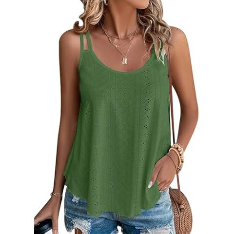 KKJ Womens Tank Tops Eyelet Textured Sleeveless Scoop Neck Loose Casual 2024 Summer Fall Trendy Clothes Flowy Shirts Army Green Cover