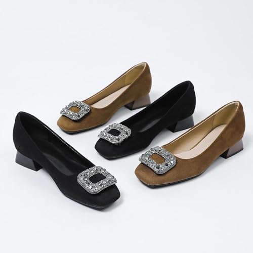 Women's Suede Rhinestone Low Heel Pumps Jeweled Square Toe Chunky Low Heel Closed Toe Dress Work Office Shoes Casual Slip On Slip On Evening Shoes2
