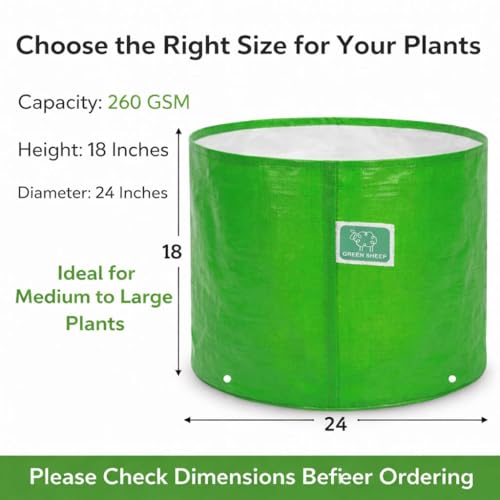 Image of GREENSHEEP HDPE Grow Bag Heavy Duty 260 GSM Round Plants Flower Growing Bags Floor Standing Mount Type for Home Garden Balcony Terrace Kitchen Nursery (Green, 18x24 inch, Pack of 9)