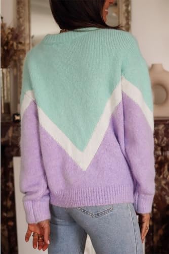 Stylish Long Sleeve Knit Sweater: Green Chevron Colorblock Design3