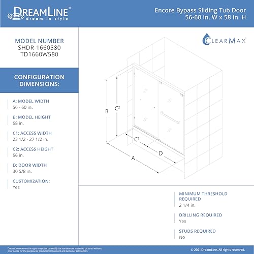 DreamLine Encore 56-60 in. W x 58 in. H Semi-Frameless Bypass Sliding Tub Door in Chrome with Frosted Glass - Thumbnail 2