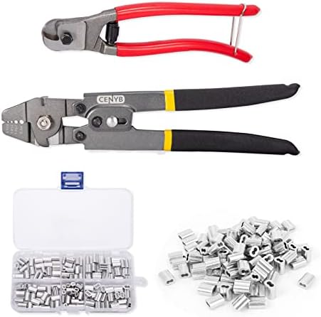 Cenyb Wire Rope Crimping Tool and Cutter With 150PCS 3 Sizes (M1.2/M1.5/M2.0) Aluminum Crimping Loop Sleeve Kit