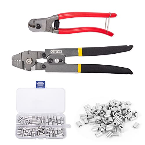 CENYB Coupe-câbles et outil de sertissage pour câbles métalliques, avec 150 manchons de sertissage en aluminium en 3 tailles (M1.2/M1.5/M2.0)