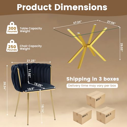 Image of Golden Glass Dining Table Set for 4 with 47.2 inch Rectangular Tempered Glass, 5 Pieces Kitchen Table Set with 4 Comfortable Velvet Chairs for Living Room, Apartments Small Place, Cafe (Black Chairs)