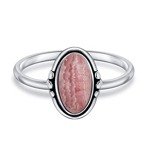 Western Boho Delicate Bezel Set Oval Cabochon Gemstone Rose Pink Rhodochrosite Ring For Women Teen 1Mm Thin Band Oxidized .925 Sterling Silver #TOP1