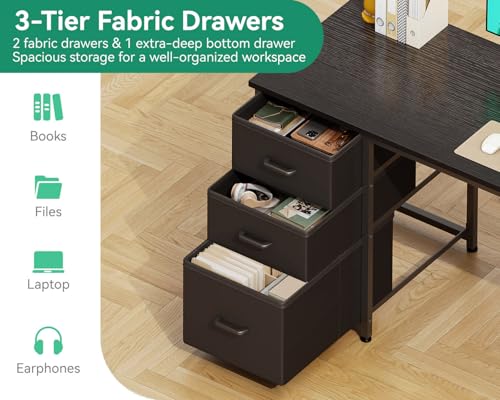 Image of AODK 51 Inch Computer Desk with Drawers & USB Power Outlets, Reversible Home Office Desk with Storage Shelves, Work from Home, Modern Work /Writing /Study Table for Bedroom, Black