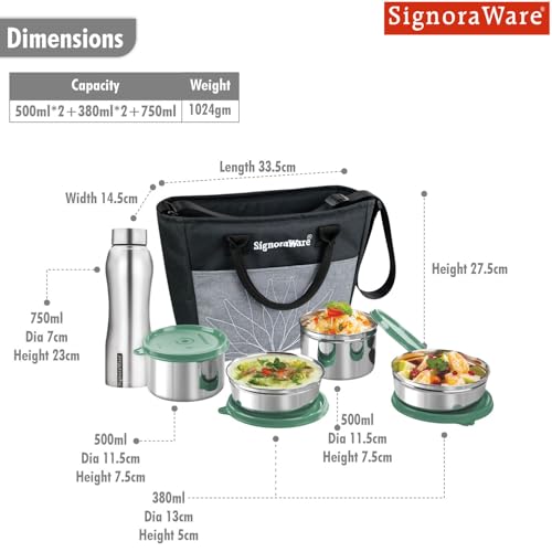 Image of SignoraWare Office Stainless Steel Lunch Box with Bottle | Airtight & Leakproof | Durable | Perfect for Office, School & Outdoor Use (500mlx2 + 380mlx2 + 750ml | Setof5 | EGreen)