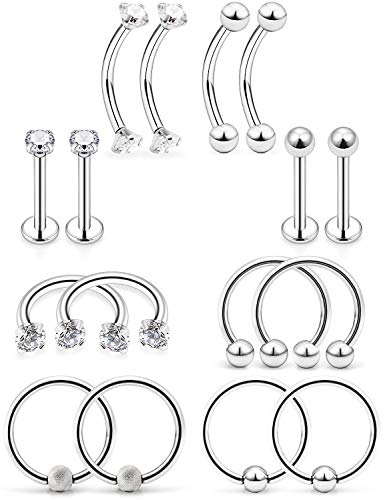 Lcolyoli 8 Pairs Stainless Steel Tragus Earring Clear Diamond CZ Forward Helix Hoop Cartilage Earring Studs Eyebrow Barbell Lip Labret Rings Body Piercing Jewelry Kit for Women Men2
