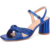 FINDVELL Royal Blue Heeled Sandals Chunky Heel Strappy Braided Knot Square Open Toe Ankle Strap Block Heel Sandals Size 9