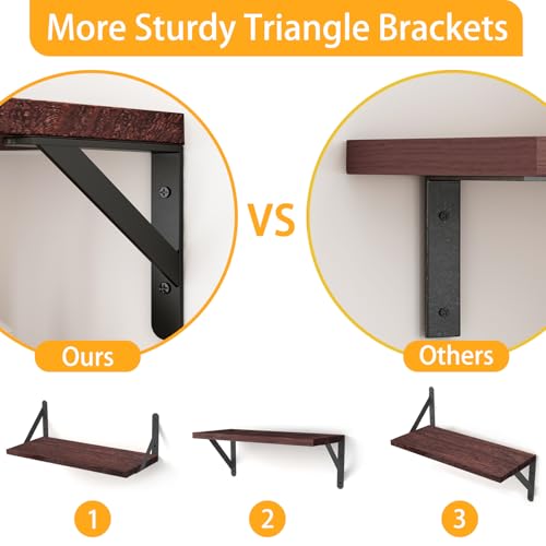 YGEOMER Floating Shelves for Wall, Different Sizes Walnut Red Brown Wall Shelves for Living Room, Bathroom, Bedroom, Kitchen, Home Decor (Set of 4)