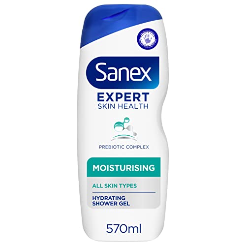 Sanex Expert Skin Health Moisturising Shower gel 570ml - body wash for men & women - gently cleanses - hydrates & softens skin - 12h hydration - advanced prebiotic complex formula - vegan