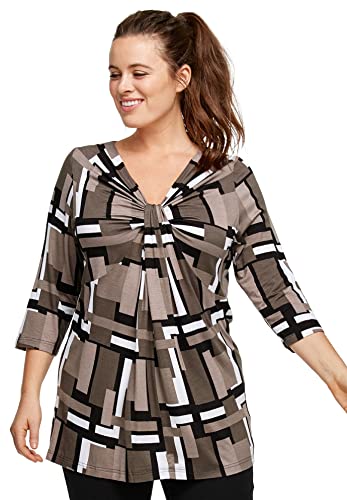ellos Plus Size Stretch Knit V-Neck 3/4 Sleeve Knot Front Tunic - 3X, Black White Print
