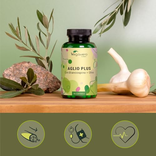 Aglio + Biancospino + Ulivo Vegavero® | Estratti titolati: 1% di Allicina, 3% di Flavoni e 40% Oleuropeina | Integratore in Capsule per la Pressione Sanguigna* | Vegan - 5
