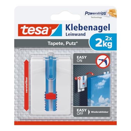 tesa Klebenagel Tapeten & Putz - höhenverstellbar - selbstklebender Nagel - ideal für Leinwand & Keilrahmen - Halteleistung 2kg/Nagel - spurlos ablösbar