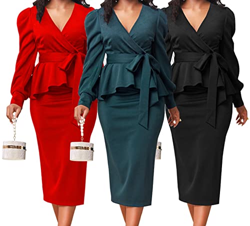 Pencil Dress For Women Business Elegant Long Lantern Sleeve Wrap V Neck Ruffle Hem Bodycon Church Dresses Wear To Work Zipper F-Red #TOP6