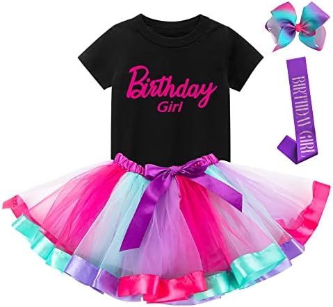 K-Acc Pink Birthday Girl Outfit – Shirt, Tutu Skirt, Hair Bow, Satin Sash – Gifts for Girls Birthday Party (8 Years, Pink 2)