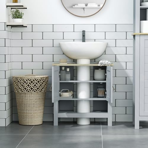 Miniatura 6 de Kleankin Armario Para Debajo De Lavabo Compacto Con 2 Puertas Y Estante Interior Ajustable Mueble Auxiliar De Almacenamiento Para Baño 60x30x60 Cm Gris