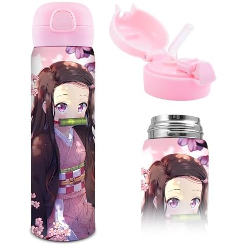 CNEISEJK Anime Slayer Water Bottle with Straw, Vacuum Insulated Kimetsu no Nezuko Tanjirou Cosplay Stainless Steel 16.9oz Cup Thermoses with Locking Cover Leak-Proof Design (WB-Douzi xg 2403), 500ML Cover