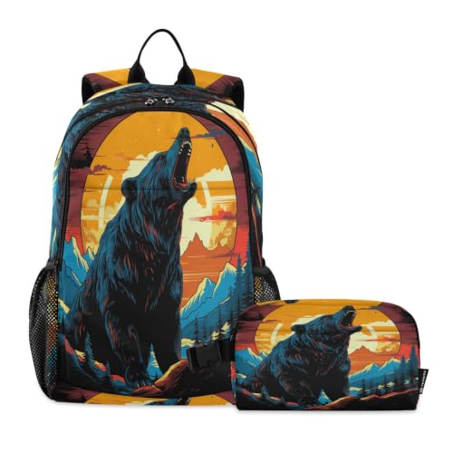 Sac à dos étudiant avec sac à déjeuner ours hurlant cool pour garçons