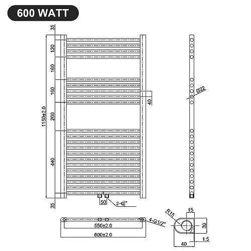 SUNXURY Badheizkörper Elektrisch Weiß 1150x600 mm Handtuchheizkörper Elektrisch mit Mini-Thermostat Auswählbar Panel Handtuchhalter Wasser Mittelanschluss 600 Watt