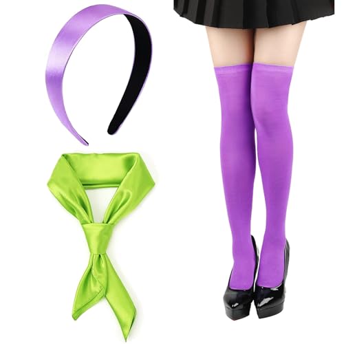 YESELR 3PCS Purple and Green Costume Accessories for Women Purple Headband Green Scarf Thigh High Socks for Halloween Party Cosplay Dress Up