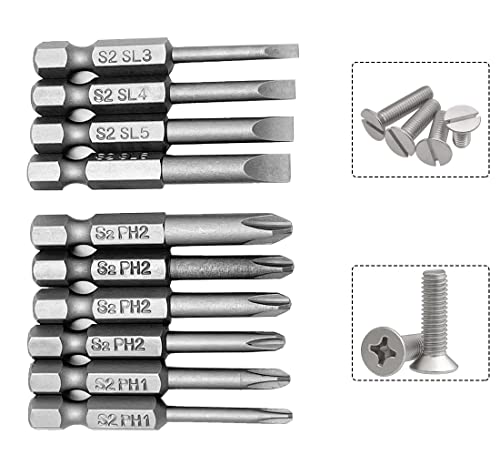 Saipe 10Pcs Magnetic Screwdriver Bit Sets 1/4 Inch Hex Shank Flat Slotted + Phillips Cross Head Screw Driver S2 Steel Drive Drill Bits For Electric Screwdrivers (2 Inch/50Mm Length) #TOP6