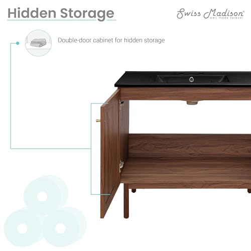 Image of Swiss Madison Classe 36 in. Brown Oak Bathroom Vanity with Black, 3-Hole Ceramic Sink Top