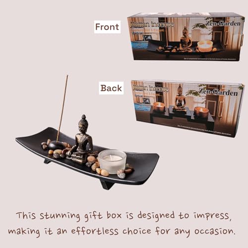 ZEN&TAO Japanese Zen Garden Style Incense and Tealight Holder Set Black Tray with with Buddha Statue, Incense Holder, Candle Holder and Natural Graves - Image 6