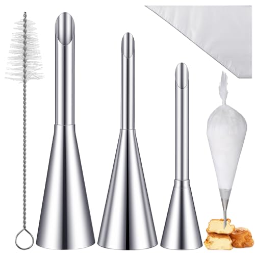 3 Stück Windbeutel Spritztülle, Edelstahl Spritztüllen Set, Krapfenspritze, Donut Marmeladenspritze, Garnierspritze，Tortenspritze zum Backen In Der Küche Dessertzubereitung (Inkl. 50 Spritzbeutel)
