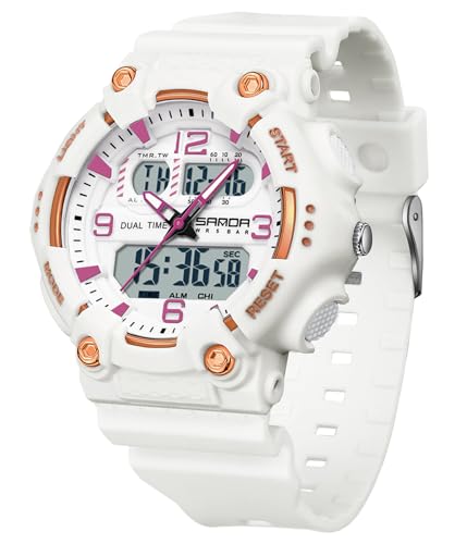 Gosasa Fashion Men's and Women's Digital Analog Sports Watch Dual Time Display 50M Waterproof Outdoor Wristwatch with LED Backlight, Shock Resistant, TPU Band (Rose White)
