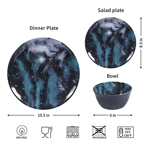 Melamine Dinnerware Sets,12Pcs Melamine Plates And Bowls Set, Indoor And Outdoor Use,Dishwasher Safe,Nebula Design(Black&Blue) #TOP1