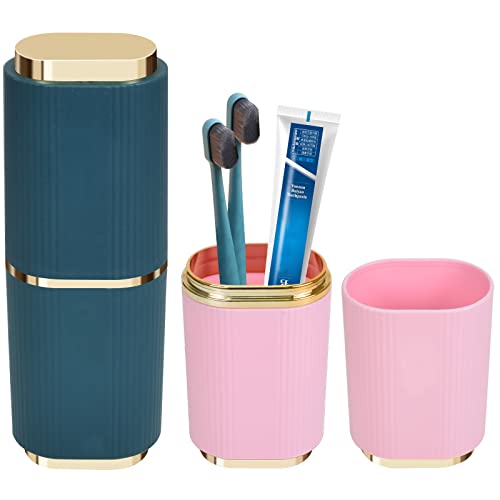 Estuche para cepillo de dientes, caja de cepillo de dientes, 2 piezas, caja de pasta de dientes portátil, taza de enjuague bucal de plástico, Rosa y azul., Moda Cover