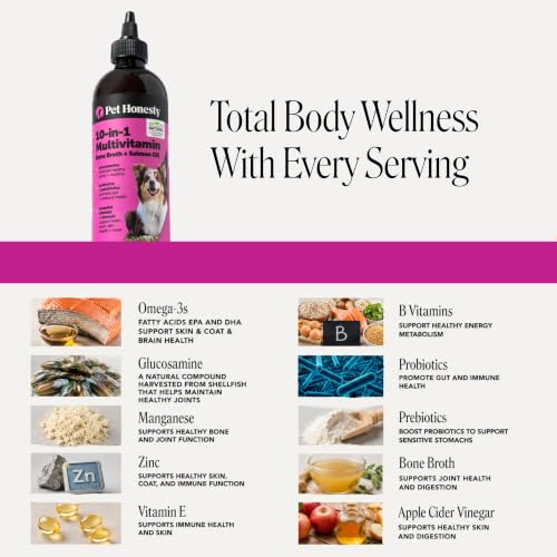 Image of Liquid Multivitamin for Dogs with Salmon Oil - Omega 3 Fish Oil Food Topper Bone Broth Supplement - Daily Dog Vitamins for Allergy Itch Relief, Coat Health, Gut Digestion + Joints (12 oz)