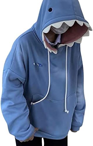 QIFEILA Women's Cute Shark Hoodies Long Sleeve Kawaii Cartoon Animal Pullover Sweatshirts Tops for Teen Girls Blue