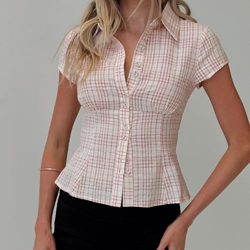 Image of Y2k Girls Vintage Coquette Button Down Shirt Women Short Sleeve V-Neck Slim Fitted T-Shirt Cute Blouse Crop Top