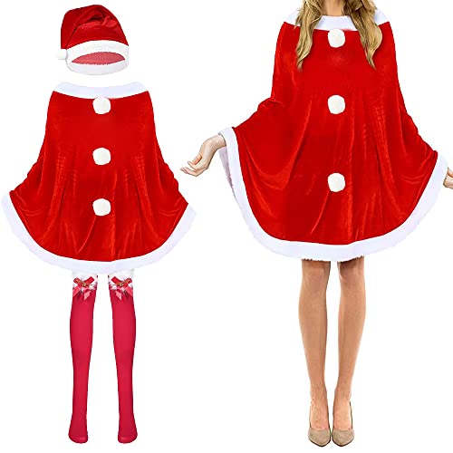 Carnavalife Weihnachtsmann-Kostüm für Damen, roter Umhang, Mütze und Strümpfe für Weihnachtsmann-Kostüm, Weihnachtsmann-Kleid Cover