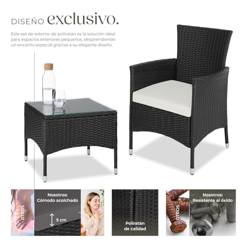 tectake® Conjunto Jardín Exterior de Ratán y Acero para 2 Personas, Muebles Jardín Exterior Resistentes a Intemperie, 2 Sillones y 1 Mesa Cristal, Fácil Montaje y Limpieza, Incl. 4 Fundas - Negro - imagen 3