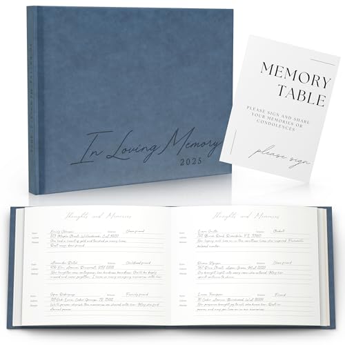 Funeral Guest Book for 2025 Celebration Of Life Memorial Service - Leather Memory Book for Funeral Guests to Sign In with Condolence Memory Table Sign & Back Pocket - Blue Guestbook