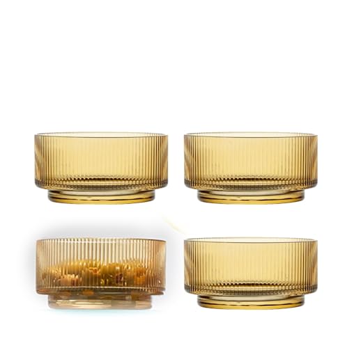 Striped Stackable Crystal Bowl 10CM Set/4 - Elegant Chic 1950s Retro Style - Perfect for Dips, Nuts, Desserts, Sauces - Lead Free and Dishwasher Safe (Amber) by B BRILLI BRILLIANT - Used condition - CA$25.17