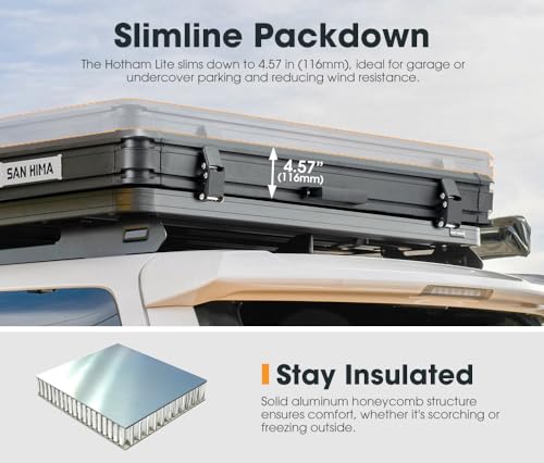 Sanhima Rooftop Tent Hard Shell - Hotham Lite Overland Aluminium Roof Top Tent 4.56" Slimline, w/Tri-Color LED Strip Light & 1.97” Thick Mattress, for Car SUV Truck Camping, 2-3 People Tent (Khaki) - Thumbnail 2