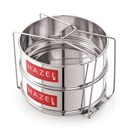 Image of HAZEL Cooker Separator with Lifter | Dal Chawal Container for Cooker | Stainless Steel Flat Cooker Dabba for 3 Litre | Set of 2 Containers, Dia : 13 x Height : 4.1 cm