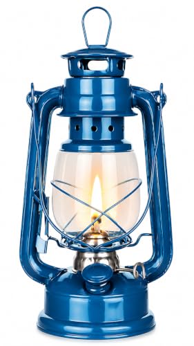 Vintage Metal Hurricane Lantern Pair with Glass Globe Classic Oil Burning Emergency Lamp in 3 Sizes Adjustable Wick and Easy Refill Funnel for Indoor Outdoor Camping and Home Decor Blue (14 Inch)