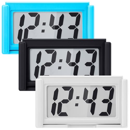Image of Frienda 3 Pieces Mini Digital Clock Small Digital Clock Stick on Battery Operated Self Adhesive Bracket for Car Dashboard Fridge (White,Black,Blue)