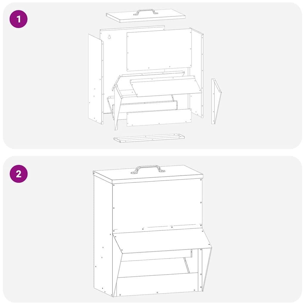 Comedero para gallinas de acero galvanizado plateado 20 x 25 x 35 cm, diseño moderno y limpio para interior y exterior, práctico para alimentar aves de corral con fácil mantenimiento.