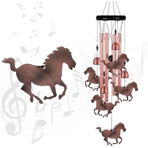 Outdoor Horse Wind Chimes Decoration, Gifts for Mom, Home, Garden, Balconies, Rooms, Patio, Indoor, Red Copper Horse Chimes, 4 Tubes 5 Horses Wind Chime, Horse Wind Catcher, Horse Wind Bell Gifts Cover