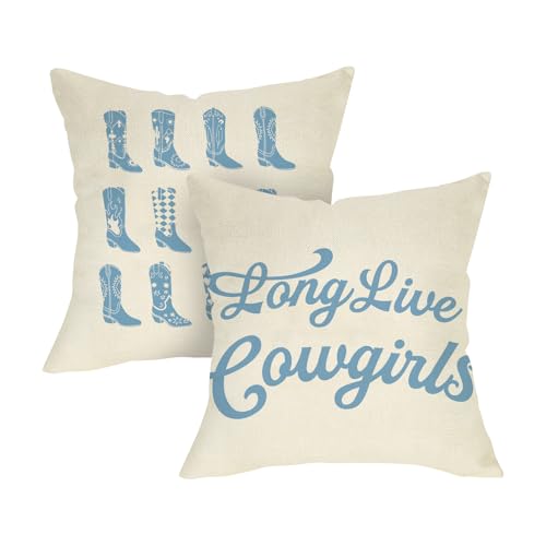Fjfz Blue Long Live Cowgirls Decorative Throw Pillow Covers 18 x 18 Set of 2, Trendy Western Cowboy Cowgirl Boots Outdoor Home Decor, Coastal Sofa Couch Cushion Case Gifts for Women Girls Teens