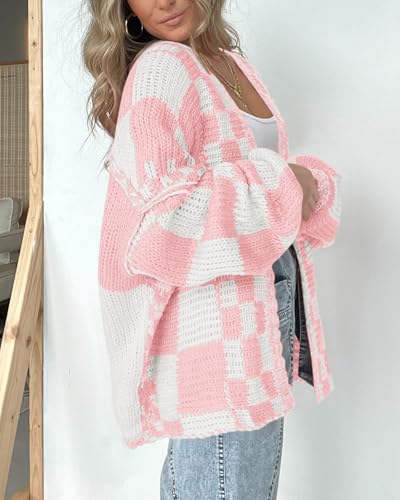Image of BTFBM Casual Cardigan Sweater for Women Fall 2026 Long Sleeve Open Front Chunky Knit Sweaters Checkered Outwear Coat