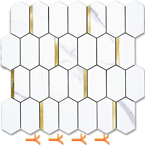 Vamos Tile Long Hexagon Peel and Stick Backsplash Tile - 10 Sheets Stick on Backsplash for Kitchen and Bathroom 12.4 x 12 Inch White Marble Look PVC Mixed Metal Gold Self Adhesive Mosaic Wall Tiles