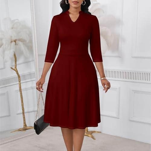 Image of PinkPatty Women's Semi Formal Midi Dresses 3 /4 Sleeve Solid Color Fit and Flare Dresses for Church Work Wine Red L