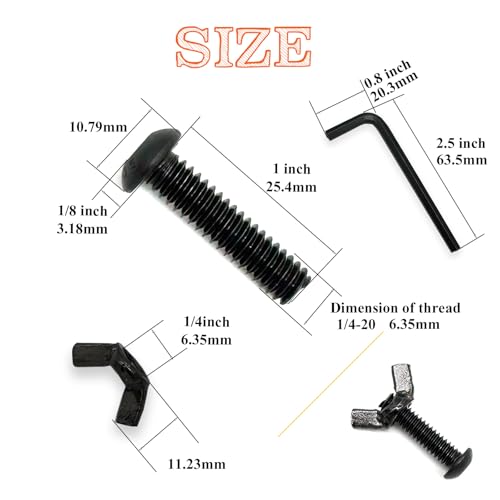 15 Sets Black 1/4"-20 x1 Screw Bolts and Wing Nut Kit 15pcs Machine Screws with Button Head Socket Cap 15pcs Butterfly Hand Twist Tighten Nut Hardware Fitting Fasteners with Hex Key Assortment Kit
